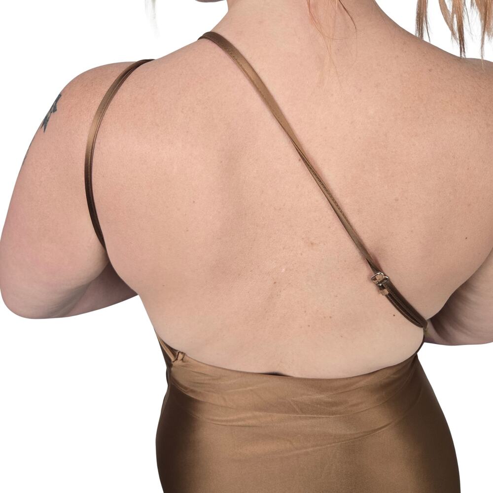 Large & XL Brown Sexy One Shoulder Satin Maxi Dress w Slit [TF034-Brown] - Picture 6 of 8